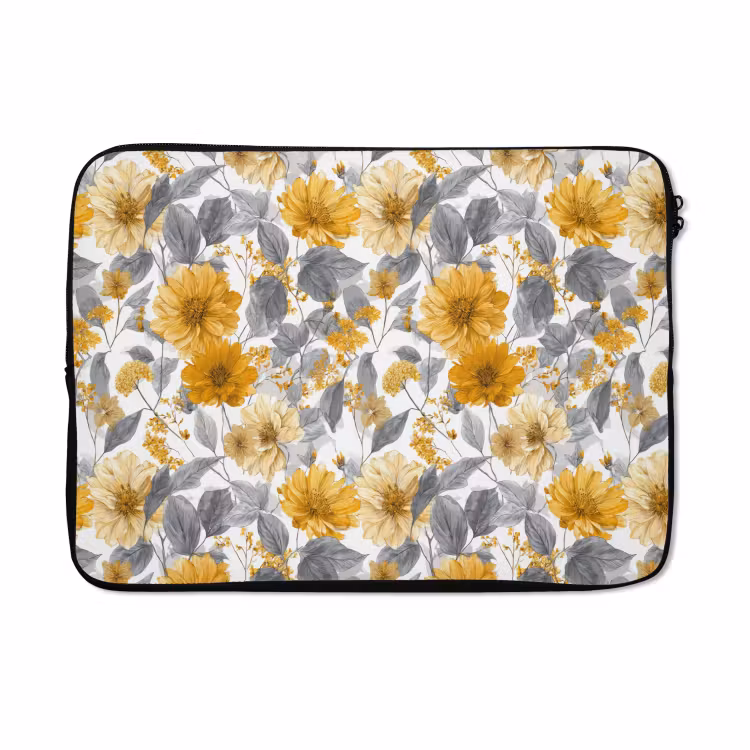 Laptophoes - Bloemen - Botanisch - Elegant - Okergeel - Grijs — 5