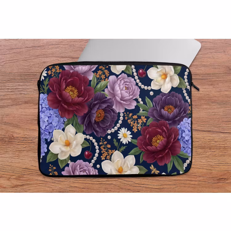 Laptophoes - Bloemen - Parels - Decoratie - Modern - Blauw — 2