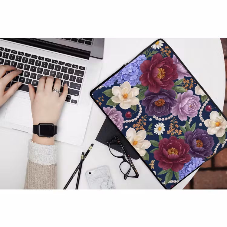 Laptophoes - Bloemen - Parels - Decoratie - Modern - Blauw — 3