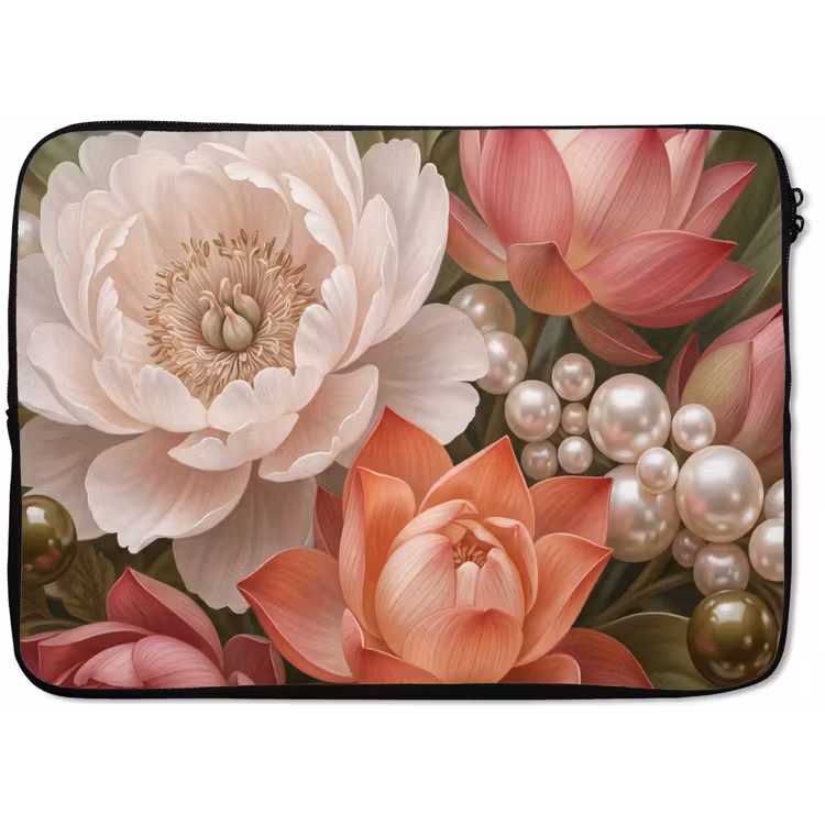 Laptophoes - Bloemen - Parels - Elegant - Roze - Wit — 1