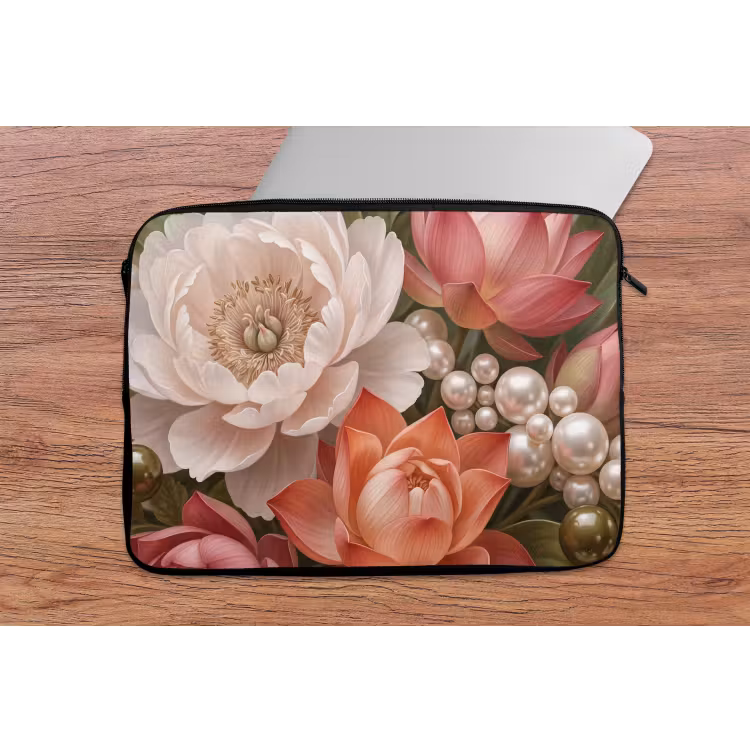 Laptophoes - Bloemen - Parels - Elegant - Roze - Wit — 2