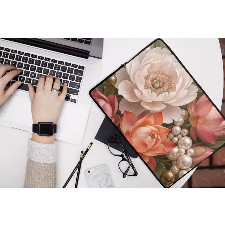 Laptophoes - Bloemen - Parels - Elegant - Roze - Wit — 3
