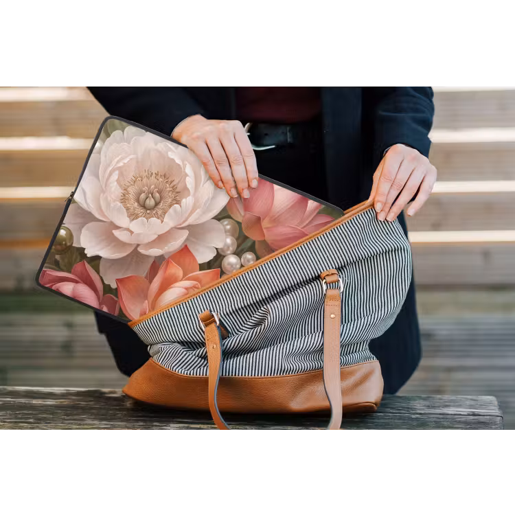 Laptophoes - Bloemen - Parels - Elegant - Roze - Wit — 4