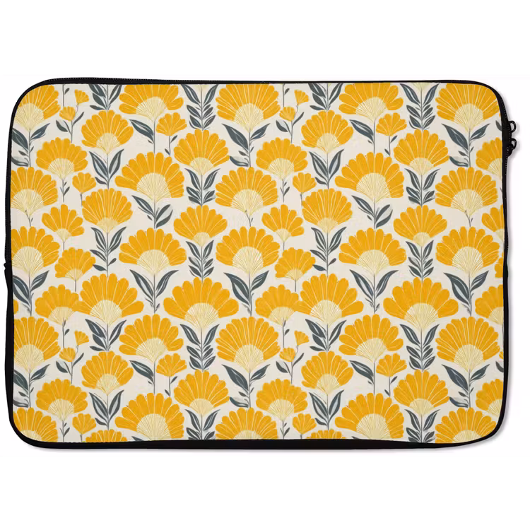 Laptophoes - Bloemen - Retro - Botanisch - Okergeel - Grijs — 1