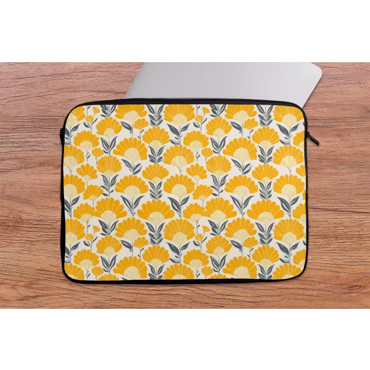 Laptophoes - Bloemen - Retro - Botanisch - Okergeel - Grijs — 2