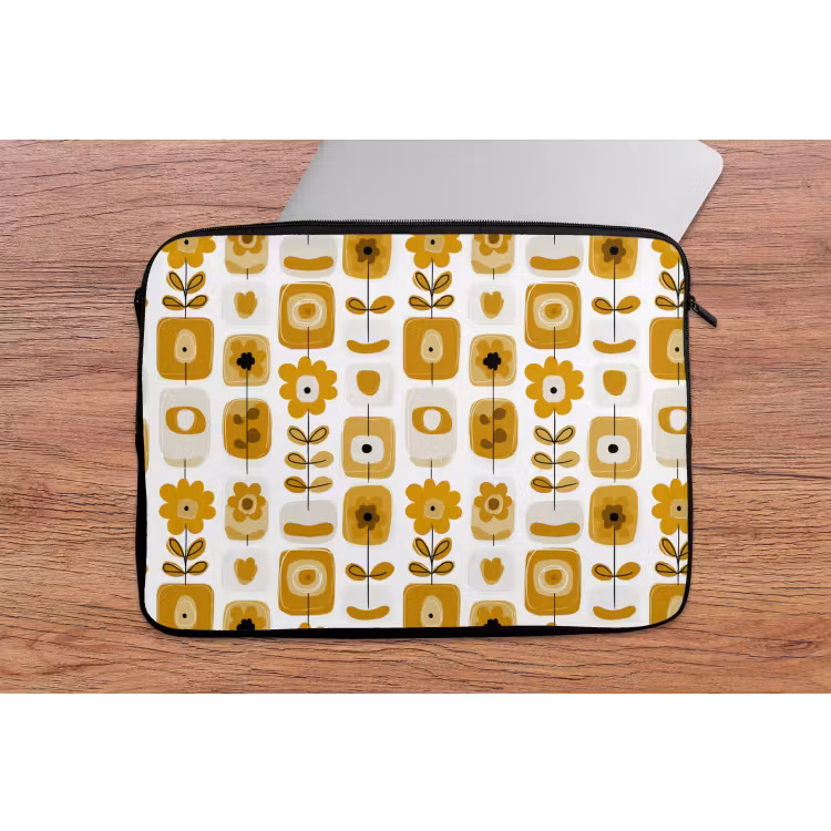 Laptophoes - Retro - Abstract - Bloemen - Okergeel — 2