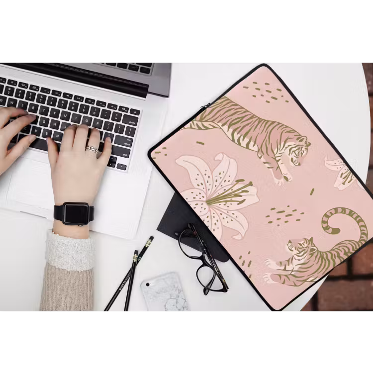Laptophoes - Kat - Springend - Bloemen - Abstract - Roze — 3