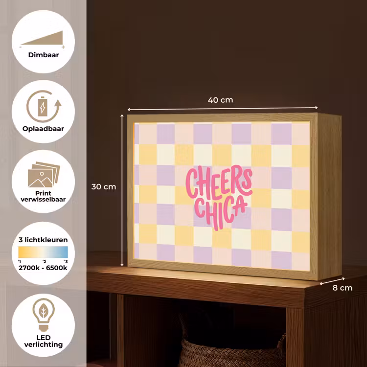 Lightbox - Wandlamp - Cheers Chica - Ruitjes - Lila - Geel — 10