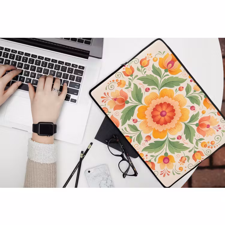 Laptophoes - Bloemen - Patroon - Decoratief - Oranje — 3