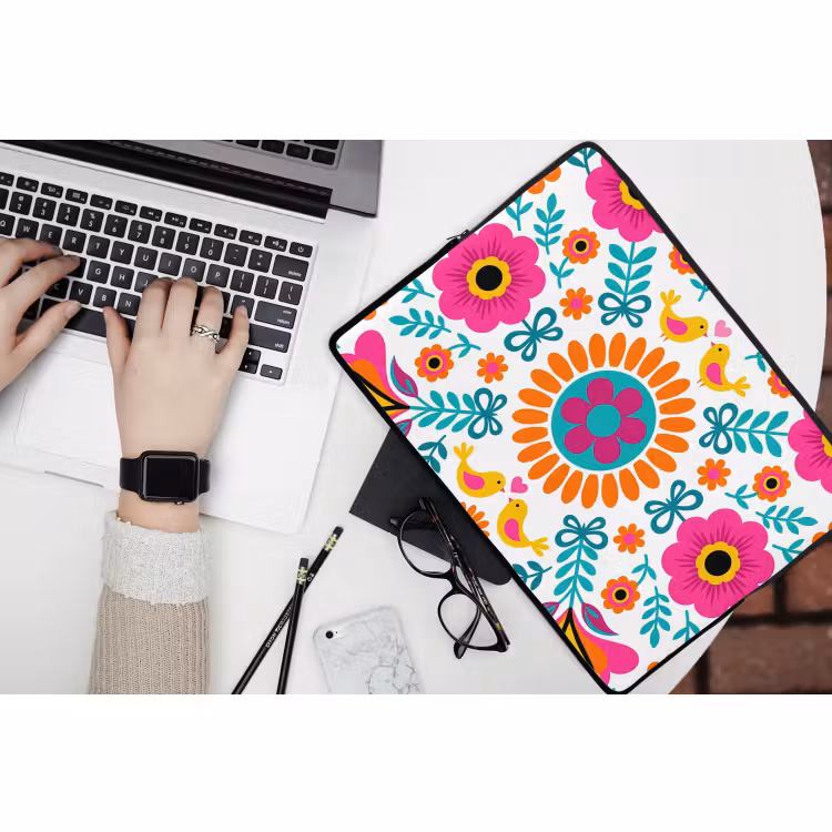Laptophoes - Bloemen - Vogel - Patroon - Kleurrijk - Modern — 3