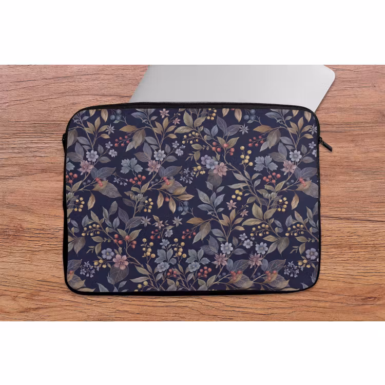 Laptophoes - Bloemen - Bladeren - Patroon - Botanisch - Donkerblauw — 2