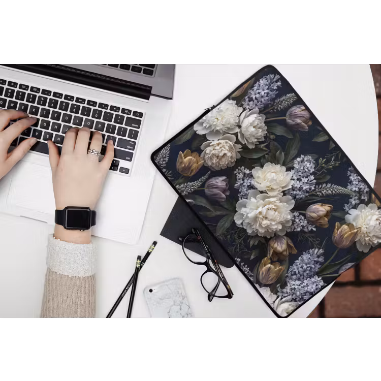 Laptophoes - Bloemen - Donker - Elegant - Natuur - Wit — 3