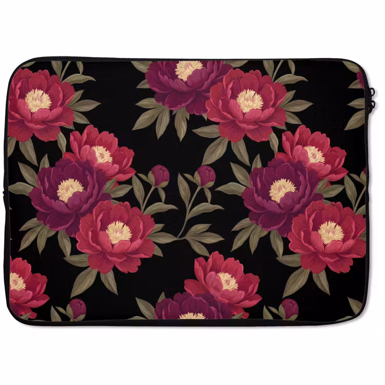 Laptophoes - Bloemen - Patroon - Botanisch - Rood - Zwart — 1