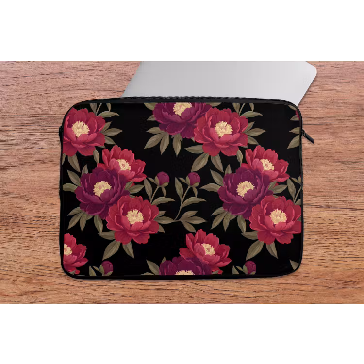 Laptophoes - Bloemen - Patroon - Botanisch - Rood - Zwart — 2