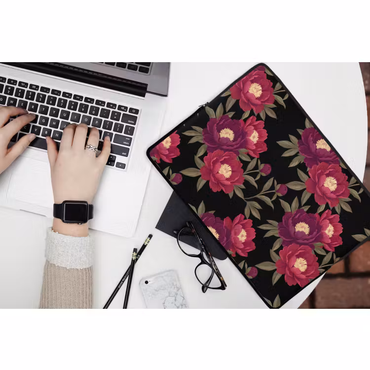 Laptophoes - Bloemen - Patroon - Botanisch - Rood - Zwart — 3