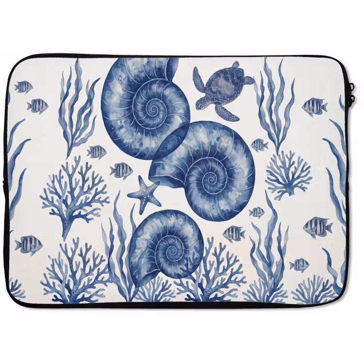 Laptophoes - Schelp - Spiraal - Zeeleven - Aquarel - Blauw — 1