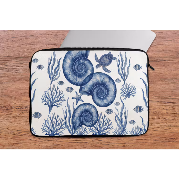 Laptophoes - Schelp - Spiraal - Zeeleven - Aquarel - Blauw — 2