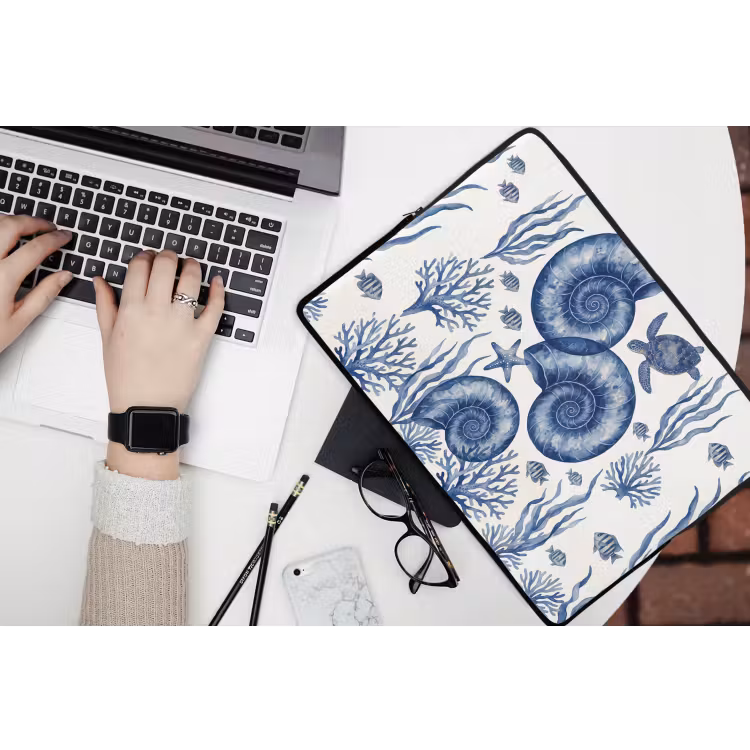 Laptophoes - Schelp - Spiraal - Zeeleven - Aquarel - Blauw — 3