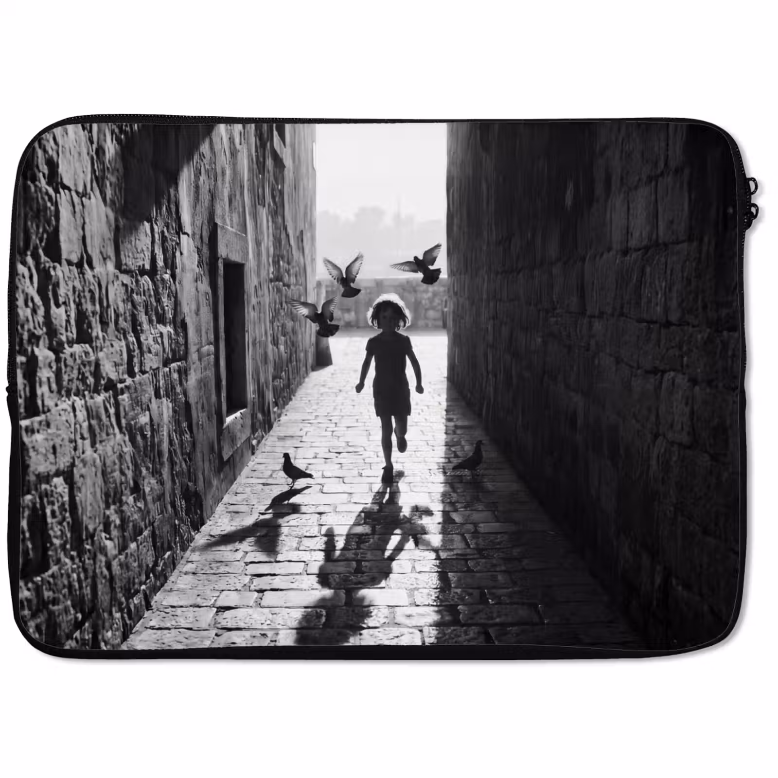 Laptophoes - Kind - Vogel - Straat - Zwart-wit - Spelen — 1