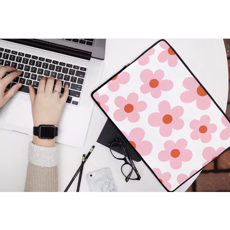 Laptophoes - Bloemen - Patroon - Modern - Roze - Wit — 3