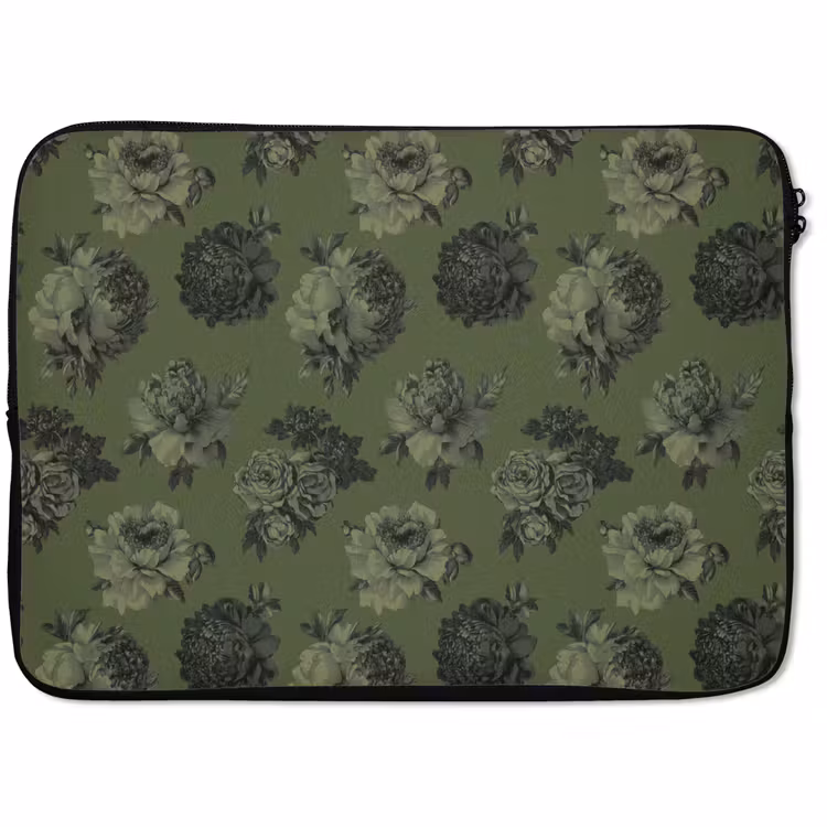 Laptophoes - Klassiek - botanisch - Olijfgroen - Bloemen — 1
