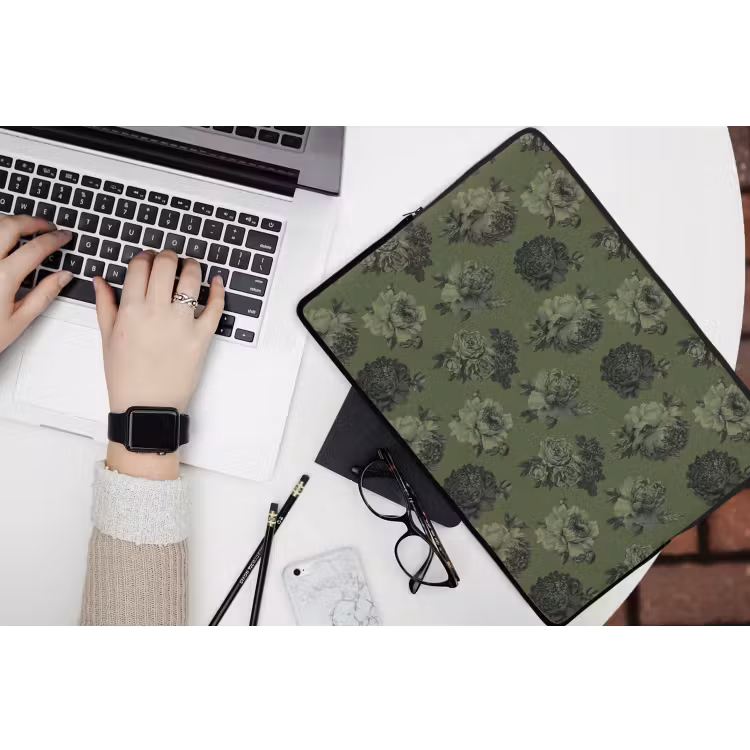 Laptophoes - Klassiek - botanisch - Olijfgroen - Bloemen — 3