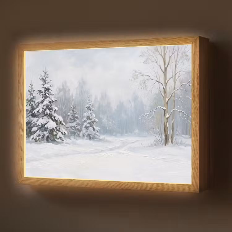 Lightbox - Wandlamp - Bospad - Dennen - Sneeuw - Winter - Rustgevend — 1