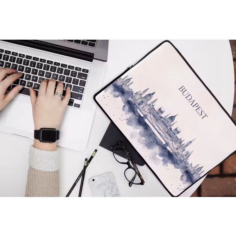 Laptophoes - Boedapest - Skyline - Architectuur - Aquarel - Blauw — 3