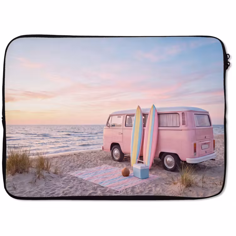 Laptophoes - Busje - Strand - Surfplank - Zomer - Roze — 1