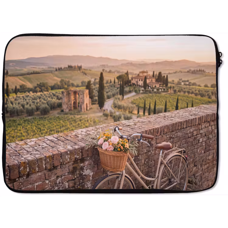 Laptophoes - Fiets - Bloemen - Toscane - Landschap - Roze — 1