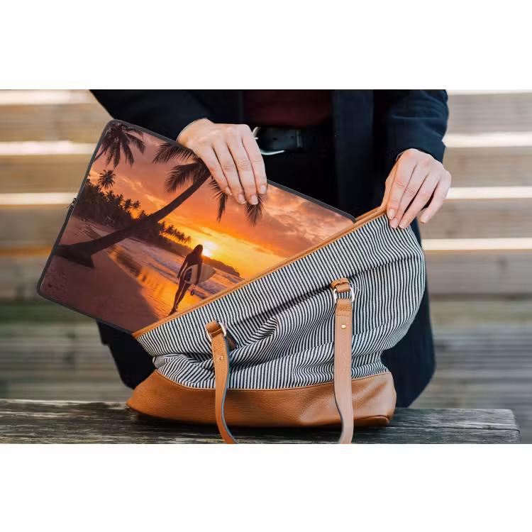 Laptophoes - Vrouw - Surfplank - Strand - Zonsondergang - Oranje — 4