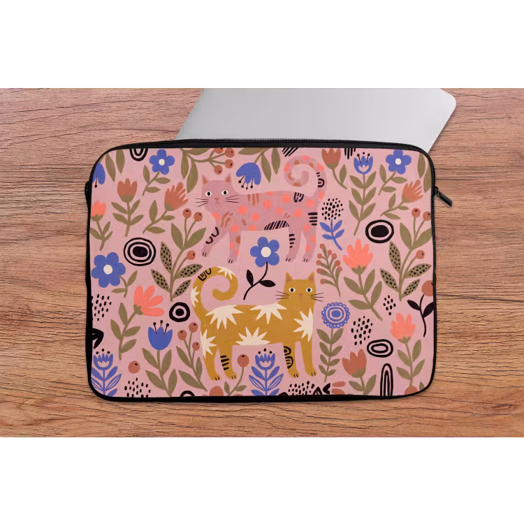 Laptophoes - Kat - Bloemen - Dieren - Modern - Roze — 2