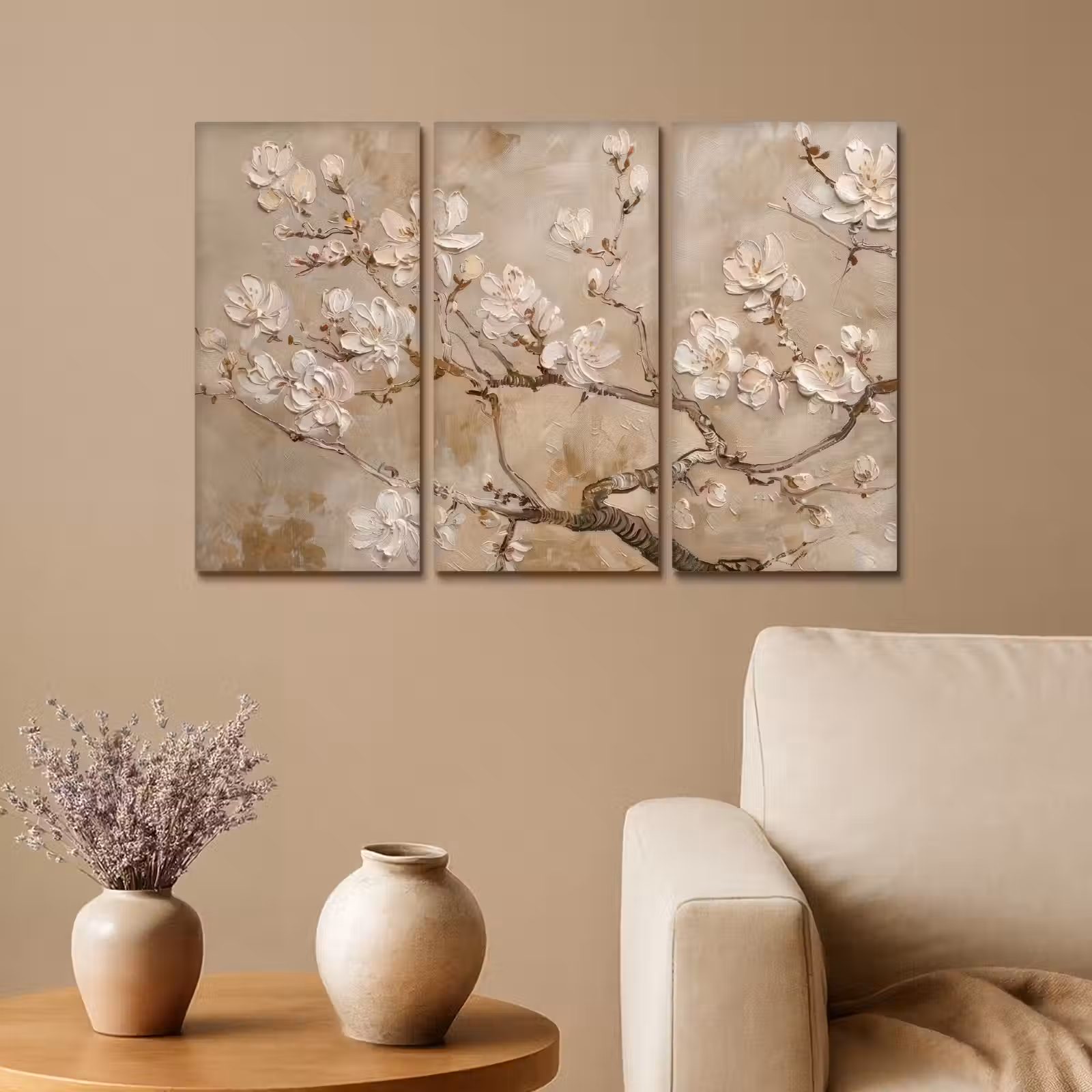 Meerluik schilderij - 3 luiken - Beige - Bloesem - Modern — 1