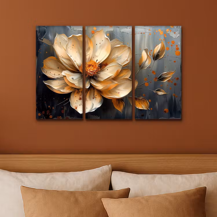 Meerluik schilderij - 3 luiken - Bloem - Goud - Abstract - Verf — 3