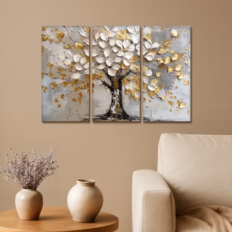 Meerluik schilderij - 3 luiken - Boom - Wit - Goud - Verflook — 1