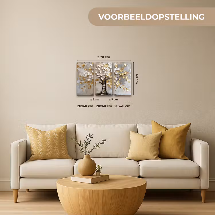 Meerluik schilderij - 3 luiken - Boom - Wit - Goud - Verflook — 2