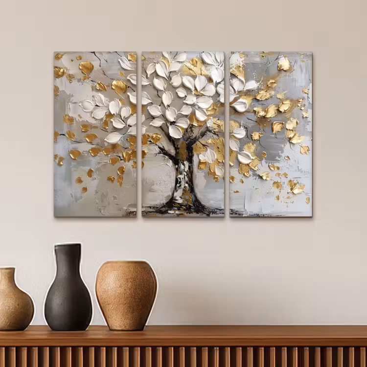Meerluik schilderij - 3 luiken - Boom - Wit - Goud - Verflook — 4