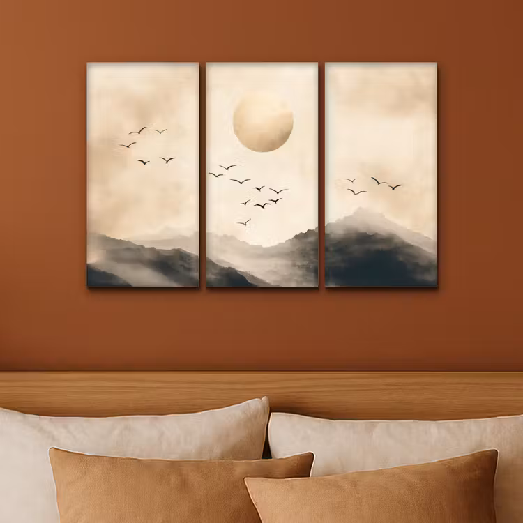 Meerluik schilderij - 3 luiken - Landschap - Japandi - Beige - Vogels — 3