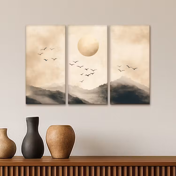 Meerluik schilderij - 3 luiken - Landschap - Japandi - Beige - Vogels — 4
