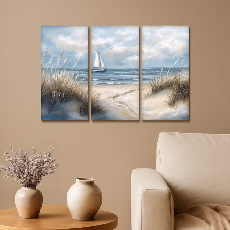 Meerluik schilderij - 3 luiken - Strand - Verf - Natuur - Boot — 1