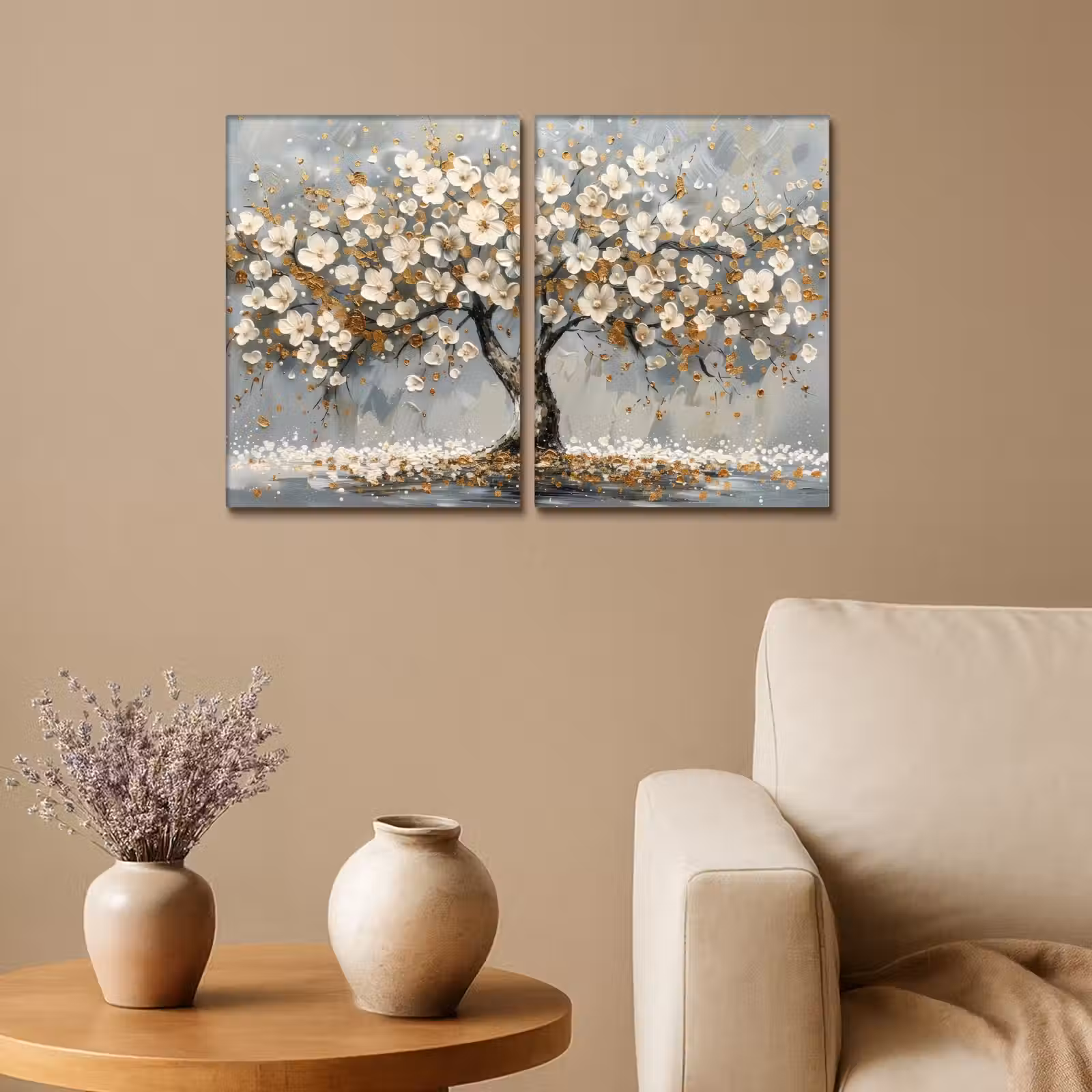 Meerluik schilderij - 2 luiken - Boom - Abstract - Wit - Bloesem — 1