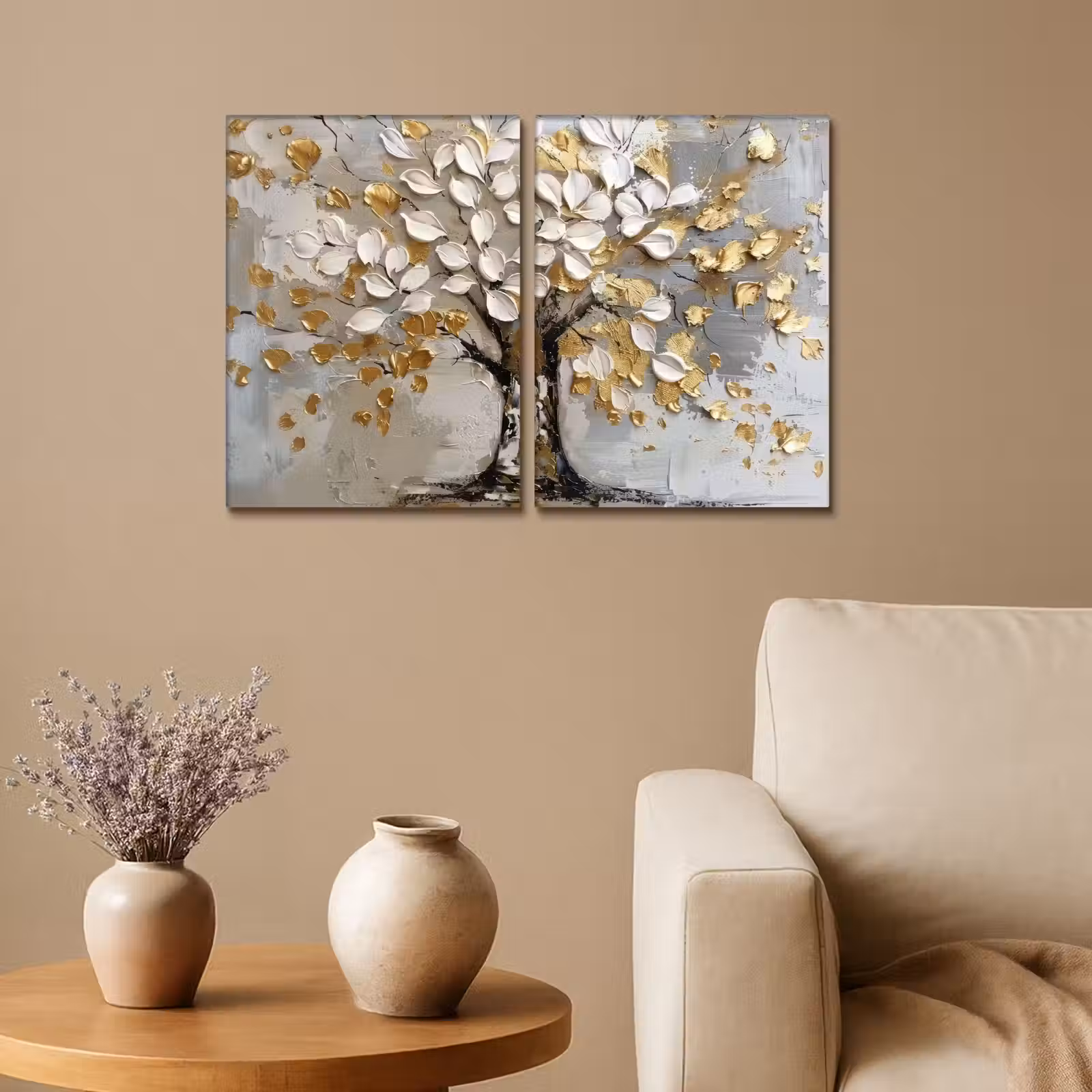Meerluik schilderij - 2 luiken - Boom - Wit - Goud - Verflook — 1