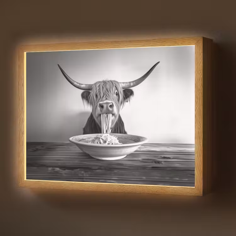 Lightbox - Wandlamp - Schotse Hooglander - Spaghetti - Dieren - Zwart wit — 1
