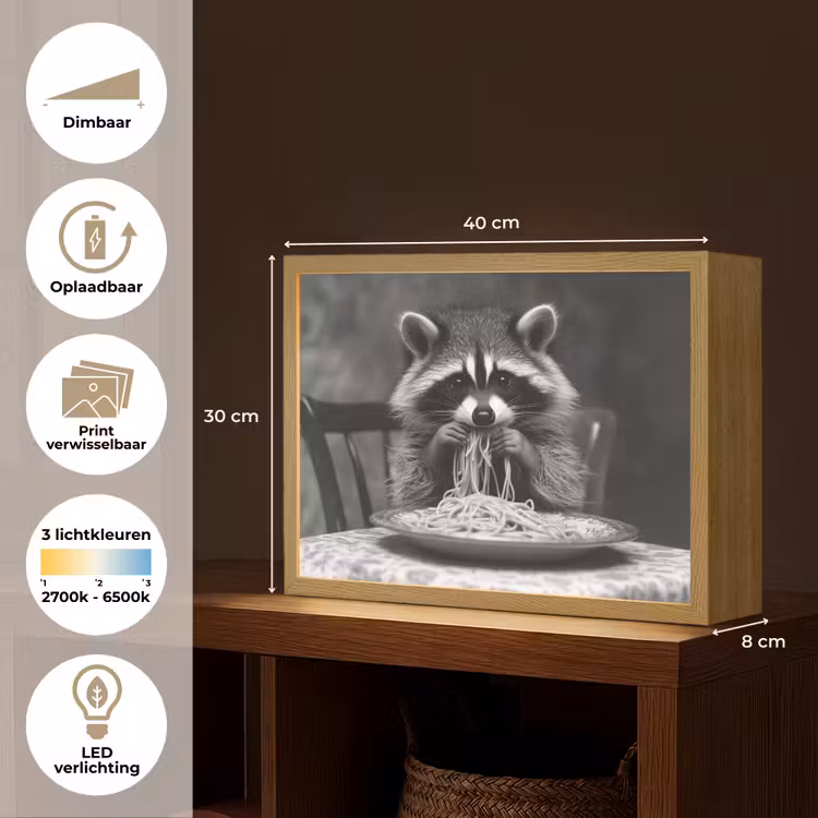 Lightbox - Wandlamp - Wasbeer - Cute - Pasta - Tafelkleed - Zwart - Wit — 10