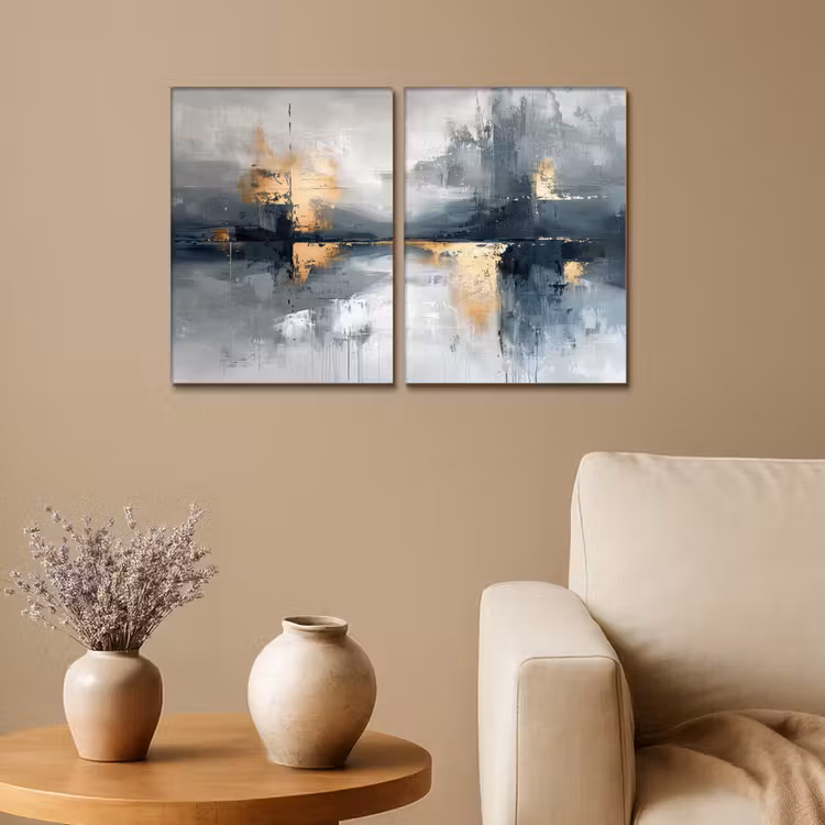 Meerluik schilderij - 2 luiken - Abstract - Grijs - Goud - Modern — 1