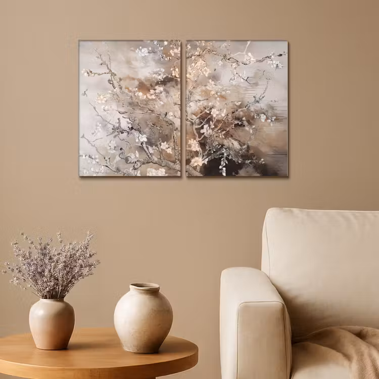 Meerluik schilderij - 2 luiken - Amandelbloesem - Abstract - Beige — 1
