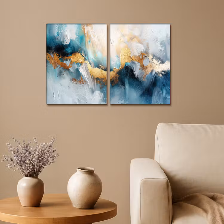 Meerluik schilderij - 2 luiken - Blauw - Abstract - Wit - Goud - Verf — 1