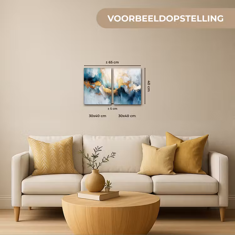 Meerluik schilderij - 2 luiken - Blauw - Abstract - Wit - Goud - Verf — 2
