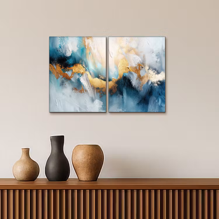 Meerluik schilderij - 2 luiken - Blauw - Abstract - Wit - Goud - Verf — 4