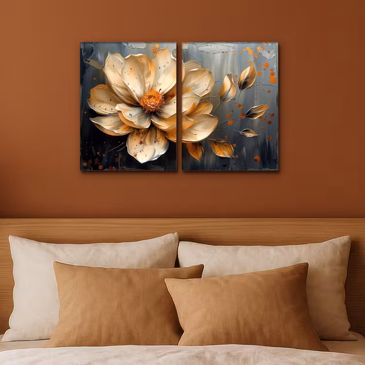 Meerluik schilderij - 2 luiken - Bloem - Goud - Abstract - Verf — 3